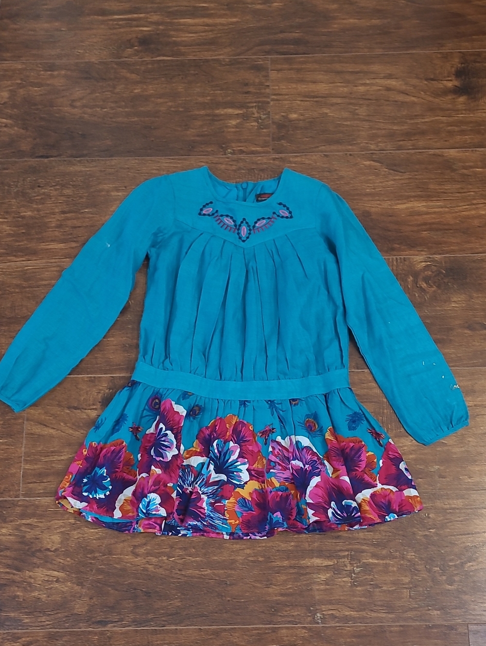 Catimini Girls Teal Long-Sleeve Floral Hem Dress Size 8